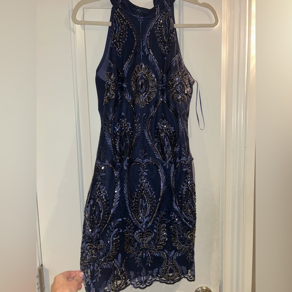 Tags on never worn! Navy Blue Beaded Mini Dress - Picture 1 of 5